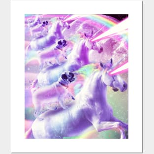 Space Pug On Flying Rainbow Unicorn With Laser Eyes Posters and Art